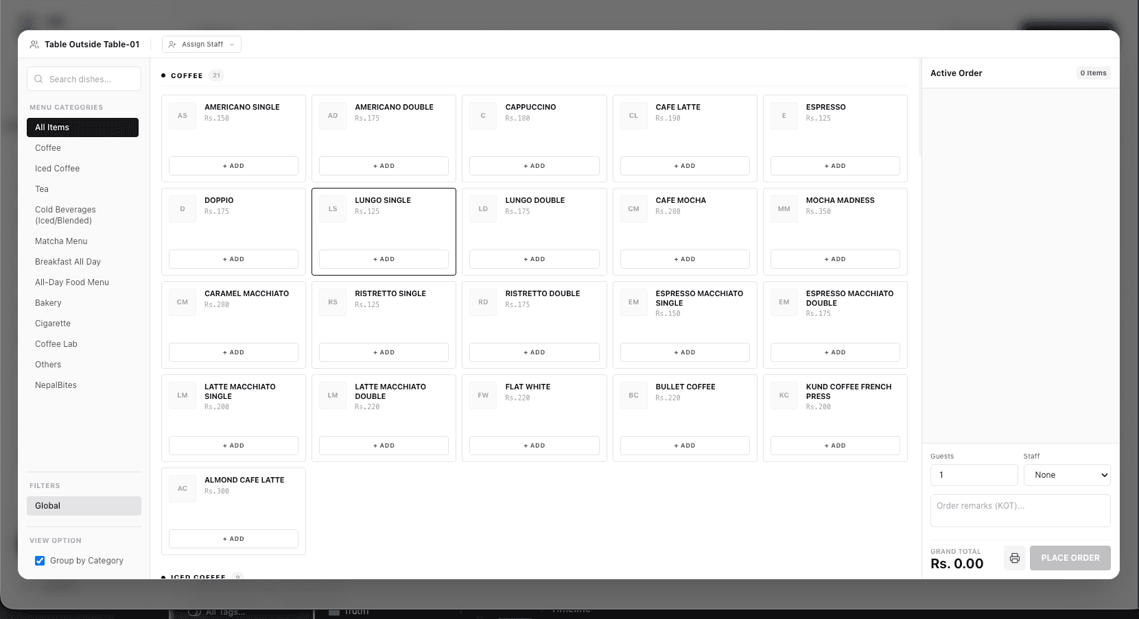 Xola order screen showing the coffee menu and active order panel